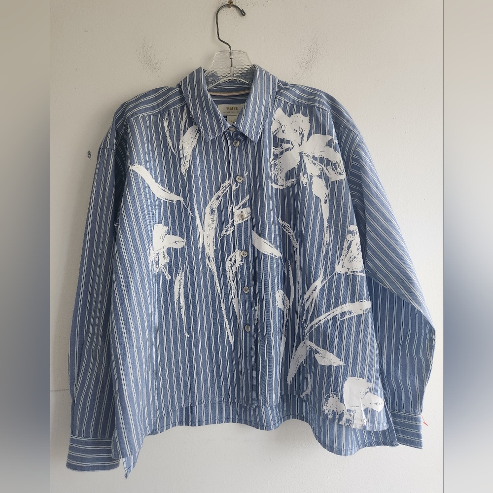 Maeve Anthropologie Blue White Stripped w/Floral Print Button Up Blouse size XS